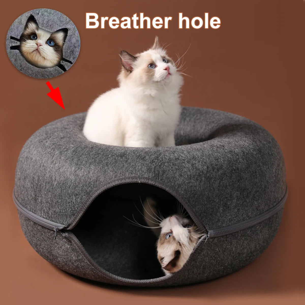 felt cat tunnel donut bed with built-in scratching surface