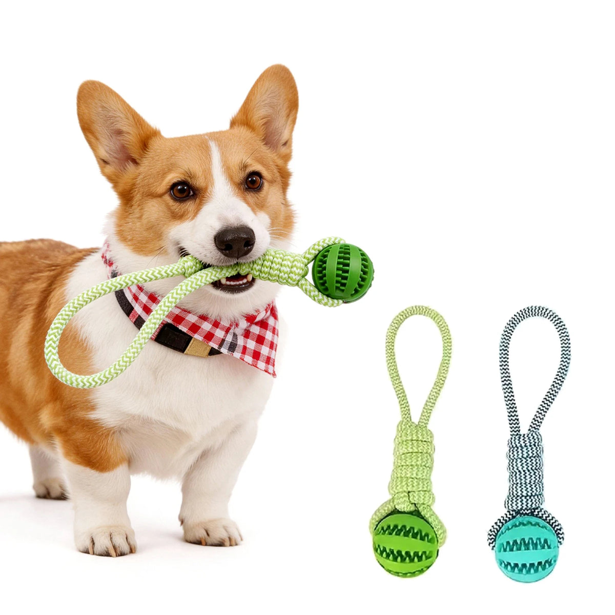 green cotton rope tug toy with treat-dispensing rubber ball
