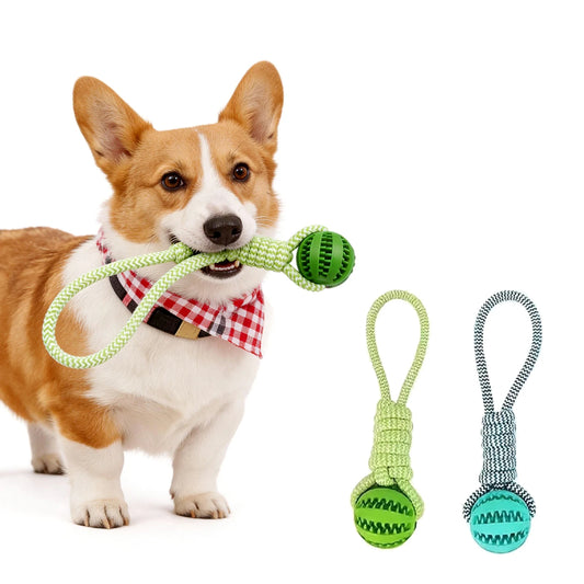 green cotton rope tug toy with treat-dispensing rubber ball